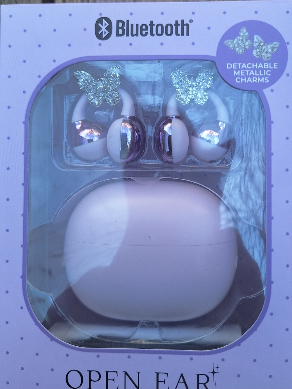 Bass Jaxx Bluetooth Open Ear Wireless Earbuds with Detachable Charms  Purple.